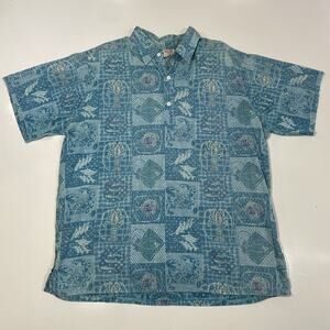 Barefoot In Paradise Blue Hawaiian Button Shirt Fish Lobster Ray All Over XL USA